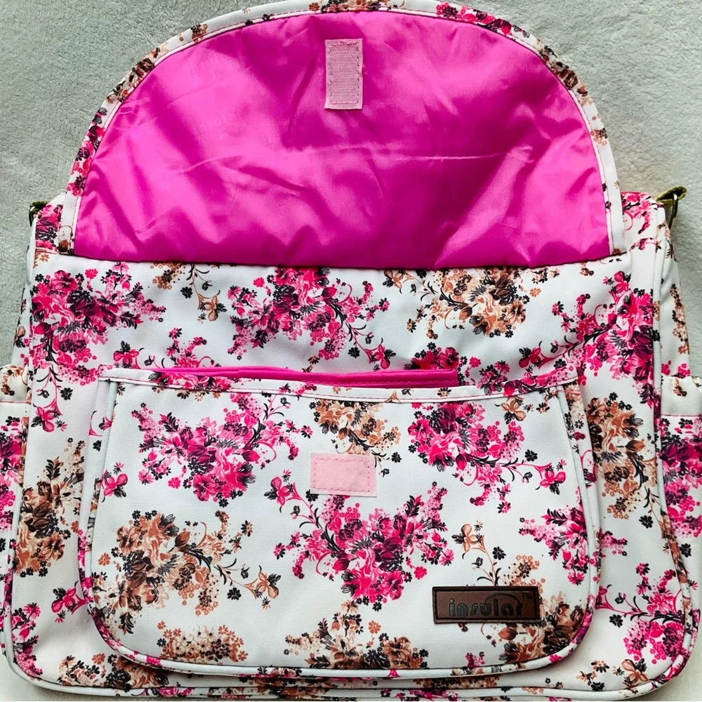 INSOLAR 15”x13” Floral Pink Baby Infant Insulated Diaper Bag - 4 Piece Set
